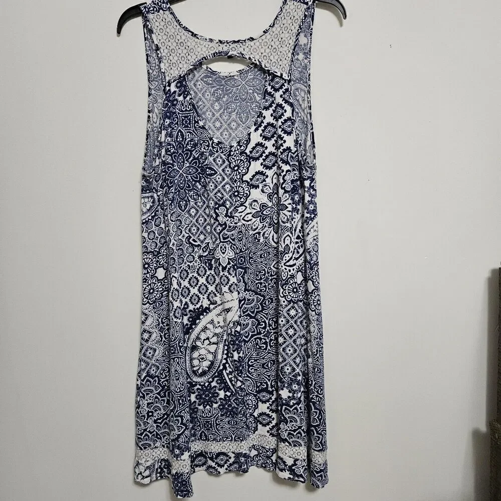 Ellen Tracy Sleeveless Paisley Tank Dress Size L Blue Cutout Back Lace Details - Picture 2 of 10
